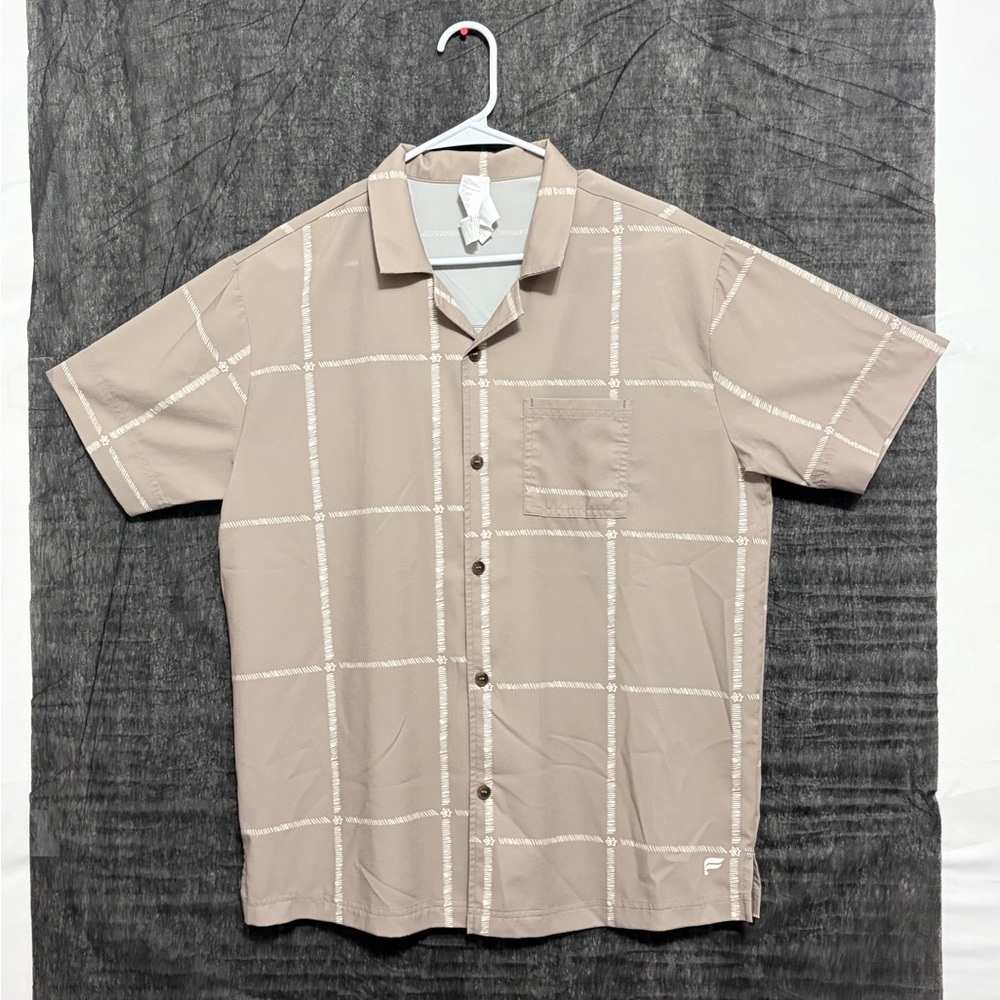 Fabletics Short Sleeve Button Up Shirt Beige Geometric Print Men’s Size M(A268)✨